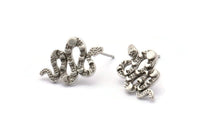 Silver Snake Earring, 4 Antique Silver Plated Brass Snake And Moon Phases Stud Earrings (19x12x2mm) N1611 H0975