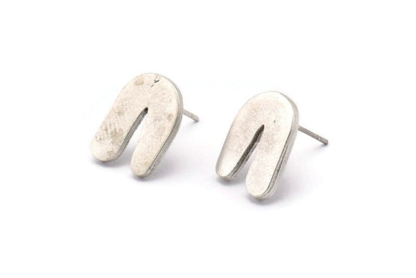 Earring Studs, 4 Antique Silver Plated Brass - Silver U Shape Earrings - Silver Earrings - Earrings (14x10x1.5mm) N1636 H0946