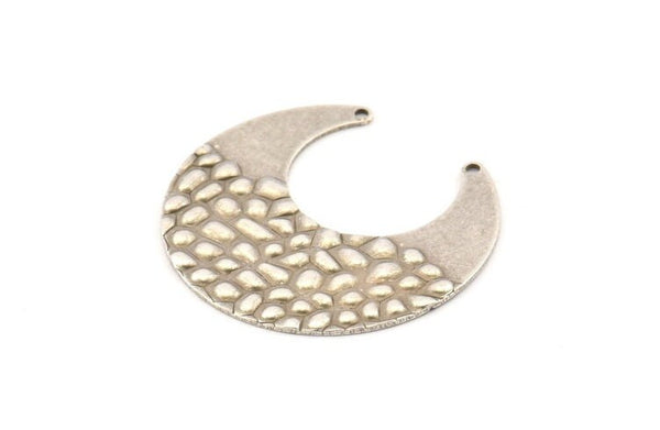 Silver Moon Charm, 6 Textured Antique Silver Plated Brass Horn Charms With 2 Holes, Findings, Connectors (30x13.5x0.60mm) D955