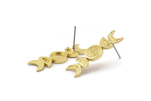 Brass Moon Earring, 10 Raw Brass Crescent Moon Phases Stud Earrings (29x8x2mm) N1926