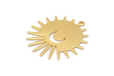 Gold Sun Charm, 2 Gold Plated Brass Sun And Crescent Charms With 1 Loop, Findings (29x28x0.80mm) M02012