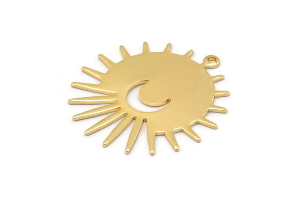 Gold Sun Charm, 2 Gold Plated Brass Sun And Crescent Charms With 1 Loop, Findings (29x28x0.80mm) M02012