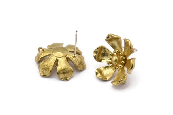 Brass Flower Earring, 2 Raw Brass Flower Stud Earrings With 1 Loop (19x17mm) N1928