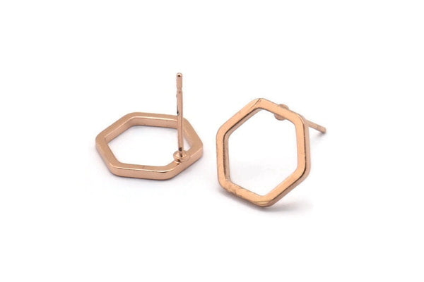 Rose Gold Hexagon Earring, 4 Rose Gold Plated Brass Hexagon Stud Earrings (12x1.2mm) D1649 A1411