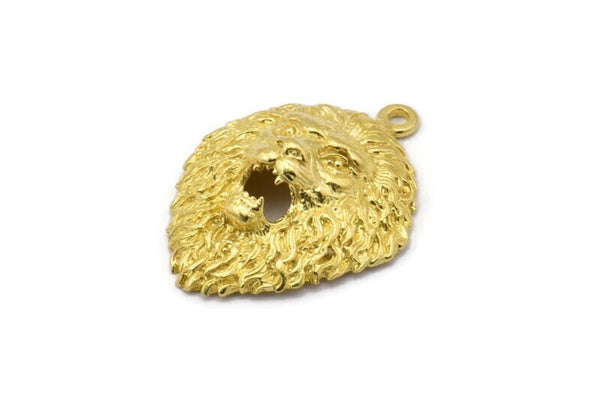 Brass Lion Charm, 2 Raw Brass Lion Charms With 1 Loop, Pendants, Findings (31x23mm) N1945