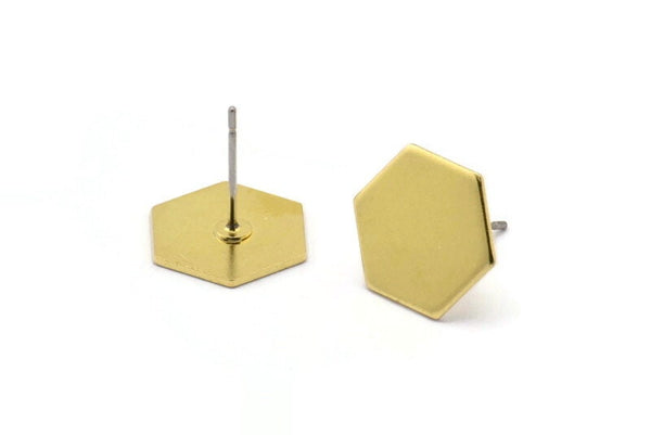 Brass Hexagon Earring, 8 Raw Brass Hexagon Stud Earrings (12.5x0.80mm) A0954 A1337