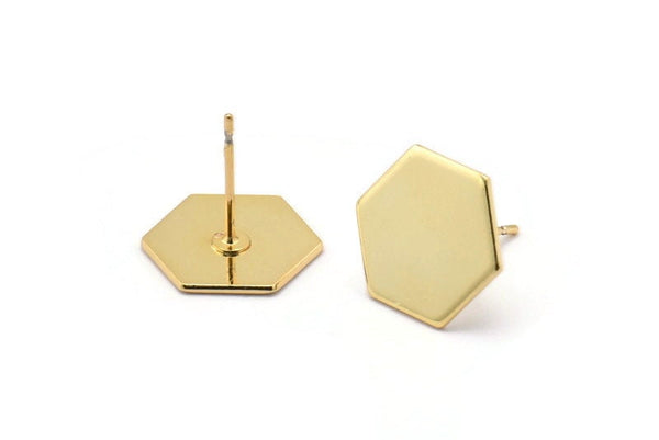 Gold Hexagon Earring, 4 Gold Plated Brass Hexagon Stud Earrings (12.5x0.80mm) A0954 A1337