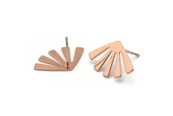 Rose Gold Sun Earring, 4 Rose Gold Plated Brass Rising Sun Flag Stud Earrings (20x12x0.60mm) D960 A1245 H0476