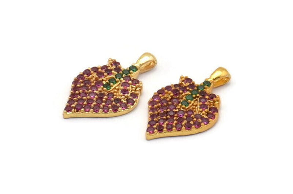 Gold Strawberry Charm, Gold Plated Strawberry, Cubic Zircon, 2 CZ Pave Strawberry Charms, Zircon Pendants With 1 Loop (19x11x2mm) SY0104