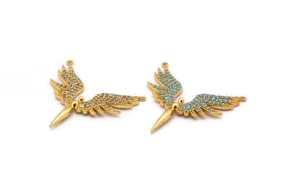 Gold Bird Charm, Gold Plated Phoenix, Cubic Zircon, CZ Pave Phoenix Bird Charm, Zircon Charm Pendant With 2 Loops (30x31mm) SY0124