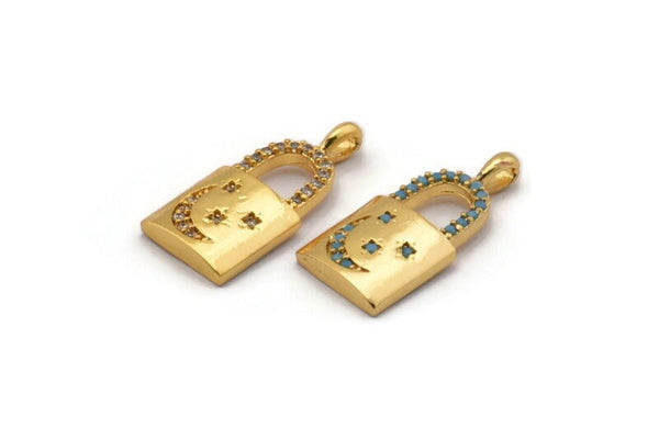 Gold Lock Charms, 4 Gold Plated Brass Lock Shaped Charms With 1 Loop, Pendants, Earring Findings (21x10mm) SY0092
