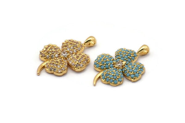 Gold Clover Charms, Gold Plated Brass Four Leaf Clover Charm With 1 Loop, Pendants, Earring Findings (24x17mm) SY0094