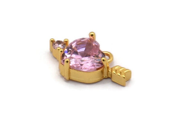 Gold Heart Charms, 2 Gold Plated Brass Heart With Arrow Shaped Pink Crystal Charms With 1 Loop, Pendants, Earring Findings (10x17mm) SY0113