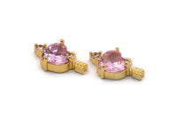 Gold Heart Charms, 2 Gold Plated Brass Heart With Arrow Shaped Pink Crystal Charms With 1 Loop, Pendants, Earring Findings (10x17mm) SY0113