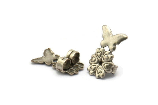 Silver Butterfly Stopper, 25 Antique Silver Plated Brass Flower Earring Back Stopper, Earring Stud Back Stoppers (16x9mm) D1058