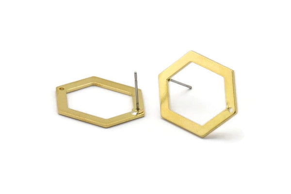 Brass Hexagon Earrings, 6 Raw Brass Hexagon Stud Earrings With 1 Hole (26.5x19x1mm) E018 A1266