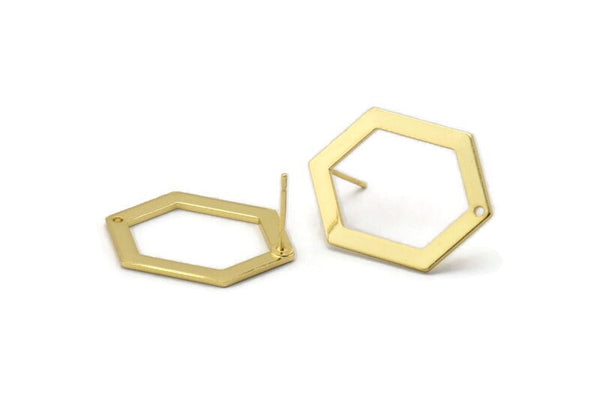 Gold Hexagon Earrings, 2 Gold Plated Brass Hexagon Stud Earrings With 1 Hole (26.5x19x1mm) E018 A1266
