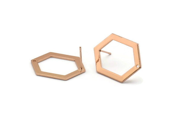 Rose Gold Hexagon Earrings, 2 Rose Gold Plated Brass Hexagon Stud Earrings With 1 Hole (26.5x19x1mm) E018 A1266