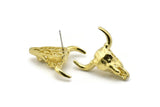 Ox Head Skull Earring, 2 Raw Brass Ox Head Skull Stud Earrings (25x26mm) N0150 A1196