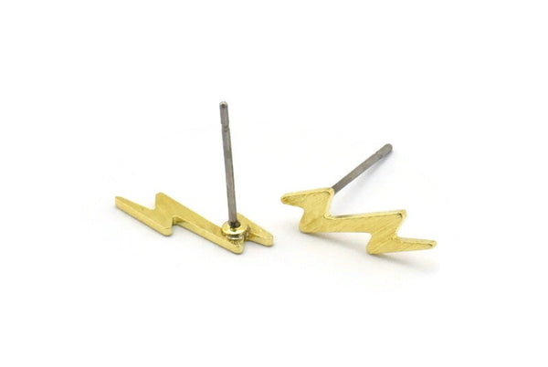 Brass Lightning Earring, 12 Textured Raw Brass Tiny Lightning Shaped Stud Earrings (14x4x0.80mm) M02563 A0037