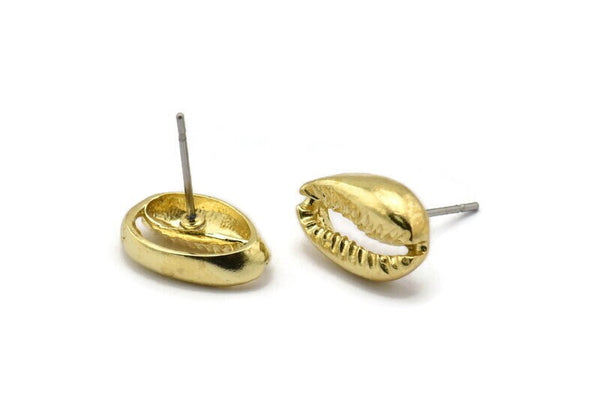 Brass Shell Earring, 4 Raw Brass Cowrie Shell Stud Earrings (14x9mm) N1959