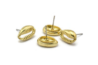 Brass Shell Earring, 4 Raw Brass Cowrie Shell Stud Earrings (14x9mm) N1959