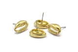 Brass Shell Earring, 4 Raw Brass Cowrie Shell Stud Earrings (14x9mm) N1959
