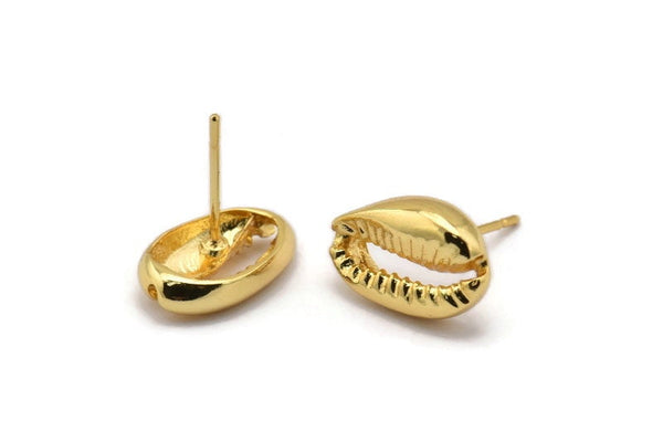 Gold Shell Earring, 4 Gold Plated Brass Cowrie Shell Stud Earrings (14x9mm) N1959