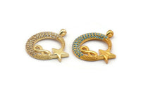 Gold Moon And Star Charms, Gold Plated Brass Crescent Moon And Star Charm With 1 Loop, Pendants, Earring Findings (25x24mm) SY0112