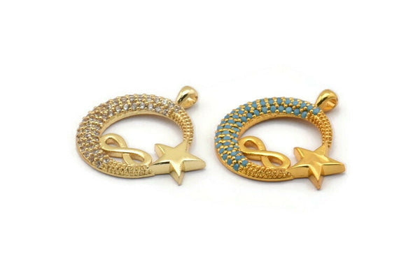 Gold Moon And Star Charms, Gold Plated Brass Crescent Moon And Star Charm With 1 Loop, Pendants, Earring Findings (25x24mm) SY0112