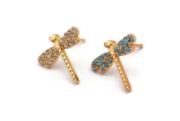 Gold Dragonfly Earring, 2 Gold Plated Brass Dragonfly Stud Earrings, CZ Pave Earrings, Zircon Dragonfly Stud Earrings (15x15mm) SY0245