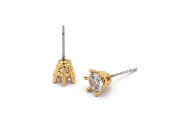 Gold Stud Earring, 4 Gold Plated Brass 6 Claw Stud Earrings, CZ Pave Earrings, Round Zircon Stud Earrings (8x7mm) SY0218