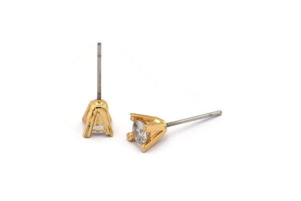 Gold Stud Earring, 4 Gold Plated Brass 4 Claw Stud Earrings, CZ Pave Earrings, Round Zircon Stud Earrings (7x5mm) SY0296