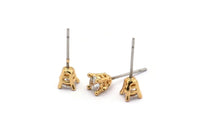 Gold Stud Earring, 4 Gold Plated Brass 4 Claw Stud Earrings, CZ Pave Earrings, Round Zircon Stud Earrings (6x4mm) SY0297