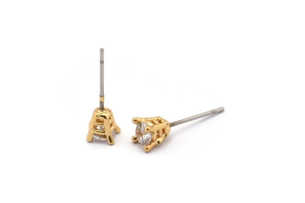 Gold Stud Earring, 4 Gold Plated Brass 4 Claw Stud Earrings, CZ Pave Earrings, Round Zircon Stud Earrings (6x4mm) SY0297