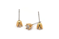 Gold Stud Earring, 4 Gold Plated Brass 6 Claw Stud Earrings, CZ Pave Earrings, Round Zircon Stud Earrings (6x5mm) SY0304
