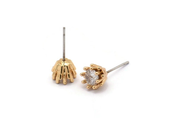 Gold Stud Earring, 4 Gold Plated Brass 8 Claw Stud Earrings, CZ Pave Earrings, Round Zircon Stud Earrings (9x8mm) SY0300
