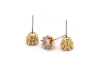 Gold Stud Earring, 4 Gold Plated Brass 8 Claw Stud Earrings, CZ Pave Earrings, Round Zircon Stud Earrings (9x8mm) SY0300