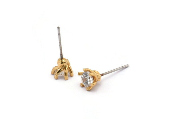 Gold Stud Earring, 4 Gold Plated Brass 6 Claw Stud Earrings, CZ Pave Earrings, Round Zircon Stud Earrings (7x6mm) SY0216