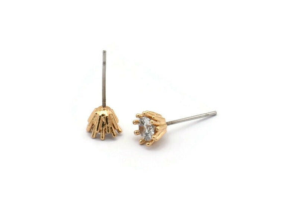 Gold Stud Earring, 4 Gold Plated Brass 8 Claw Stud Earrings, CZ Pave Earrings, Round Zircon Stud Earrings (7x6mm) SY0305
