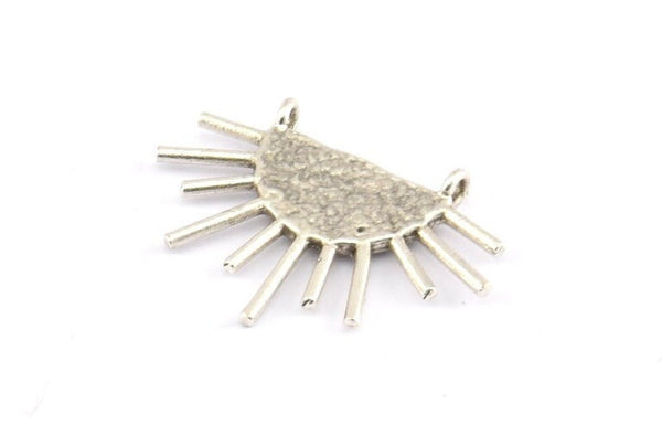 Moon and Sun, 2 Antique Silver Plated Brass Textured Crescent Moon and Semi Sun Ethnic Pendants With 2 Loops (28x20x1.2mm) E586 H0014