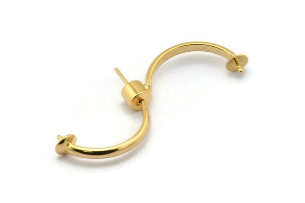 Gold Earring Wire, 4 Gold Plated Brass Earring Studs Setting for Pearl, Jewelry Findings (28mm) Q0823