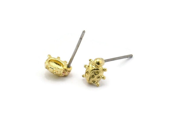 Brass Ladybug Earring, 12 Raw Brass Ladybug Stud Earrings (7mm) N1178