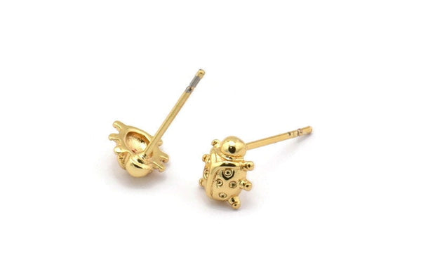 Gold Ladybug Earring, 12 Gold Plated Brass Ladybug Stud Earrings (7mm) N1178