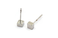 Silver Cube Earring, 8 Silver Tone Brass Cube Stud Earrings (4x3mm) D1498 A1401
