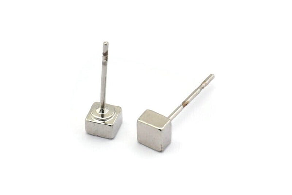 Silver Cube Earring, 8 Silver Tone Brass Cube Stud Earrings (4x3mm) D1498 A1401