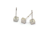 Silver Cube Earring, 8 Silver Tone Brass Cube Stud Earrings (4x3mm) D1498 A1401