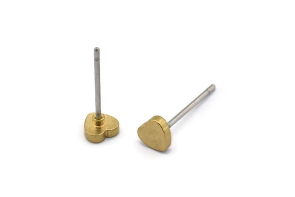 Brass Heart Earring, 12 Raw Brass Heart Stud Earrings (5mm) D1453