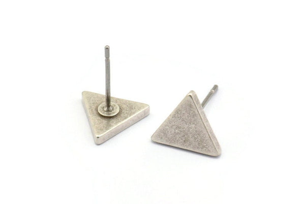 Silver Triangle Earring, 8 Antique Silver Plated Brass Triangle Stud Earrings (9x1.5mm) D0129 A1137