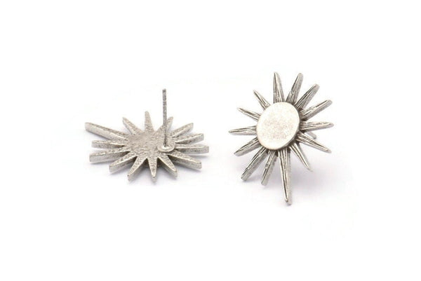 Silver Sun Earring, 2 Antique Silver Plated Brass Sun Stud Earrings (25x21x1.5mm) N1616
